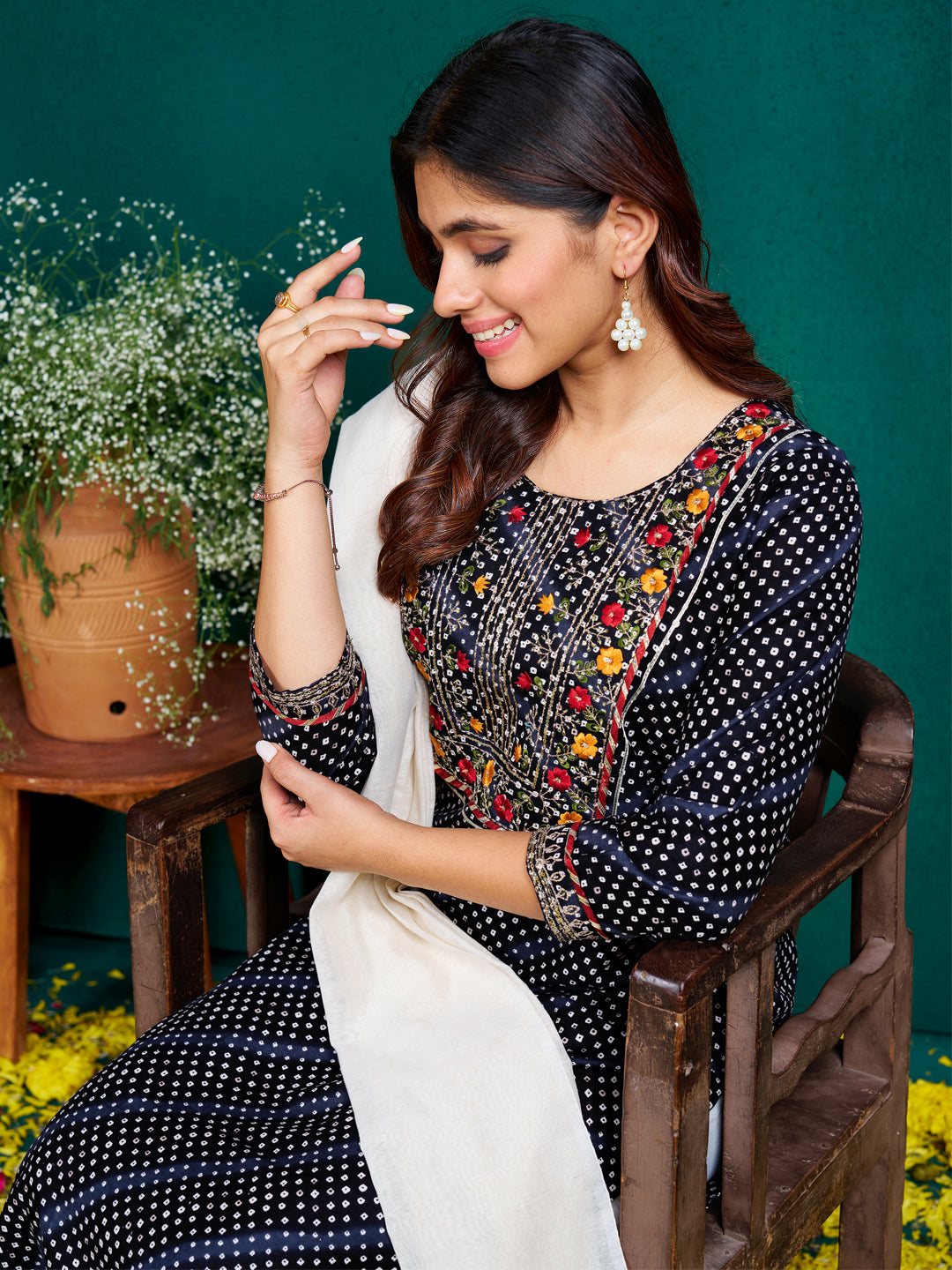 7 COLOR Rayon Print with Embroidery & Sequence Work Fully Stiched Rayon Kurti Pant Dupatta (Black, Coffee, Parrot, Purple, Rama, Sky Blue, Yellow)