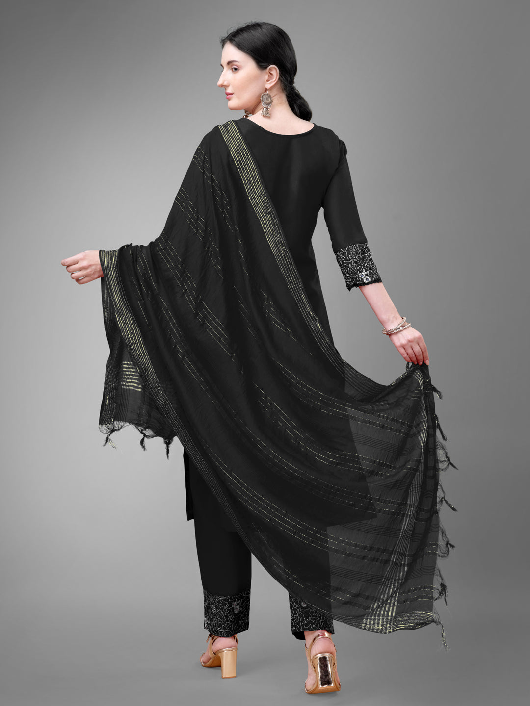 3 COLOR Cotton Blend with Embroidery & Fancy Lace Work Fully Stiched Cotton Blend Kurti Pant Dupatta (Black, Maroon, Rama)