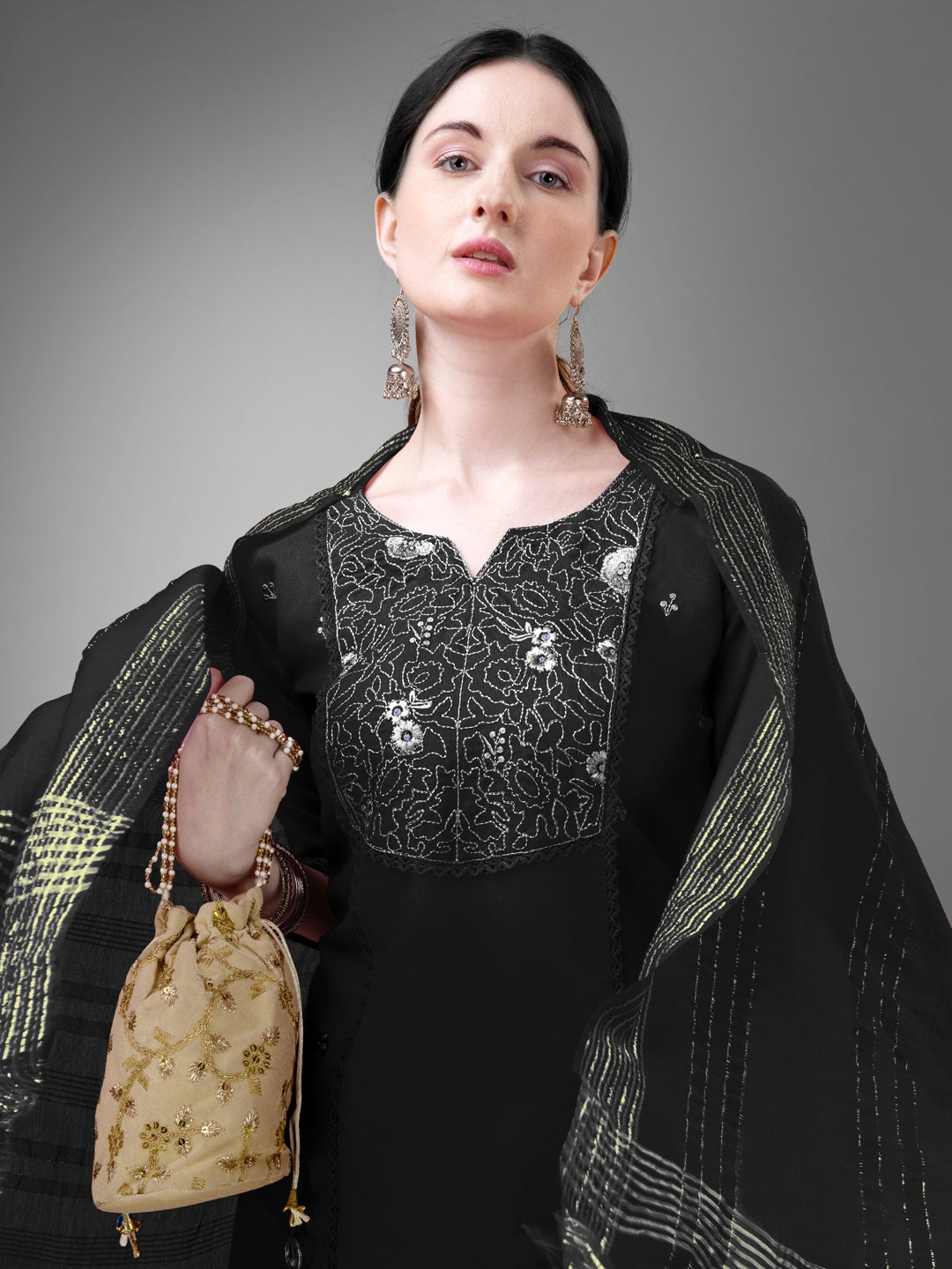 3 COLOR Cotton Blend with Embroidery & Fancy Lace Work Fully Stiched Cotton Blend Kurti Pant Dupatta (Black, Maroon, Rama)