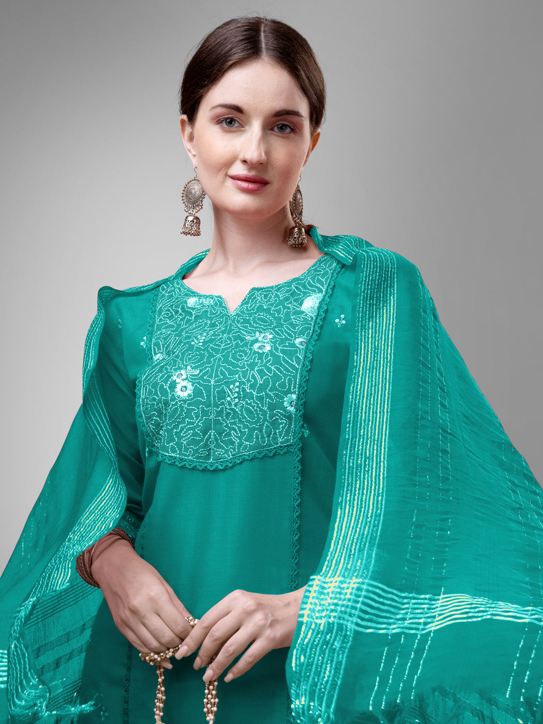 3 COLOR Cotton Blend with Embroidery & Fancy Lace Work Fully Stiched Cotton Blend Kurti Pant Dupatta (Black, Maroon, Rama)