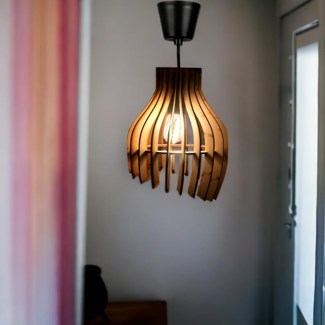 Handcrafted Wooden Ceiling Lamp – Rustic Elegant Hanging Light for Living & Dining Spaces