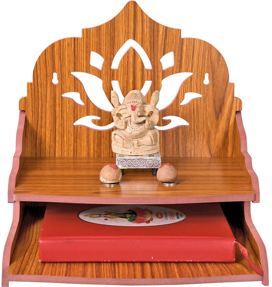 Elegant Wooden Mandir for Home Wall Mounted Temple with Storage & Puja Set