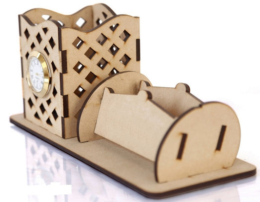 Wooden Rhombus Cut Pen Stand with Card Holder