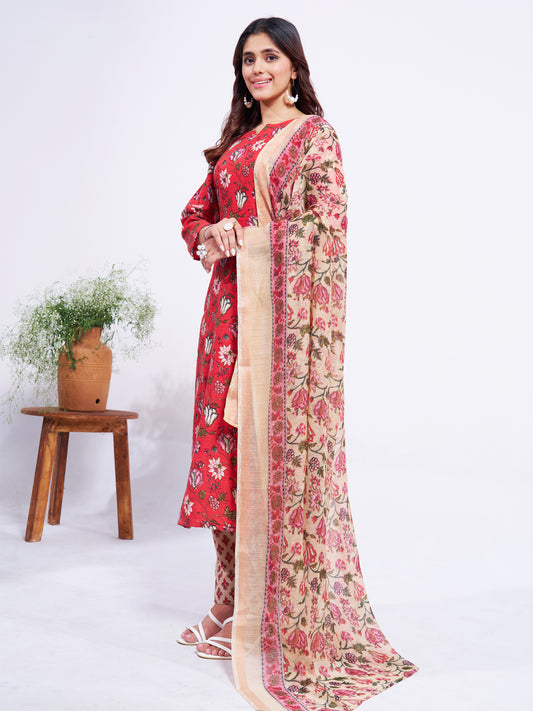 Red Floral Printed Kurti Set with Pink Dupatta