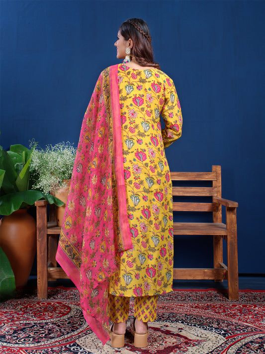 Yellow Floral Printed Kurti Set with Pink Dupatta