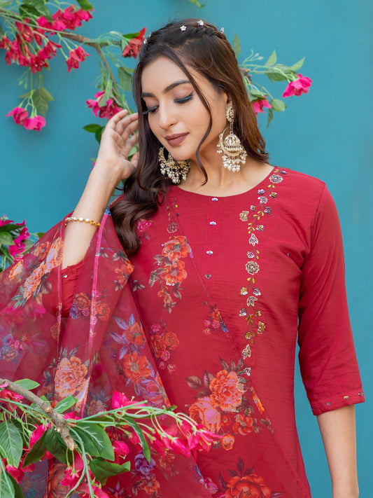 Premium Silk Kurti-Pant-Dupatta Set with Handwork