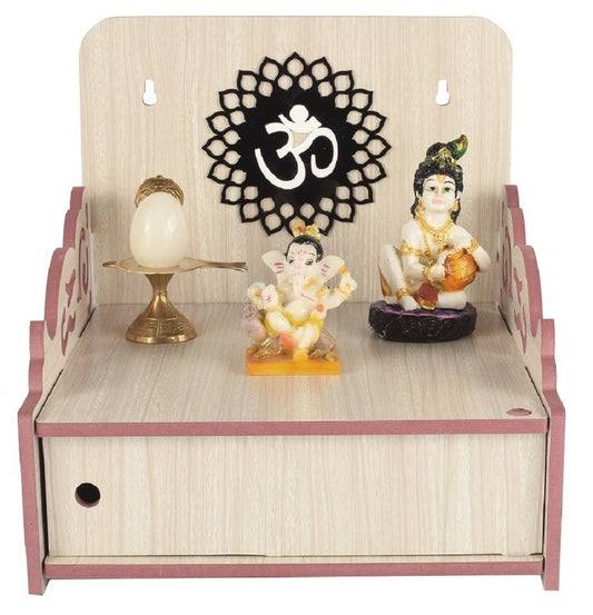 Elegant Wooden Mandir for Home Wall Mounted Temple with Door Storage & Puja Set