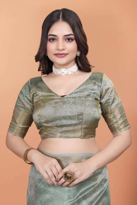 Pastel Green Soft Silk Saree with Floral Digital Print & Golden Zari Border