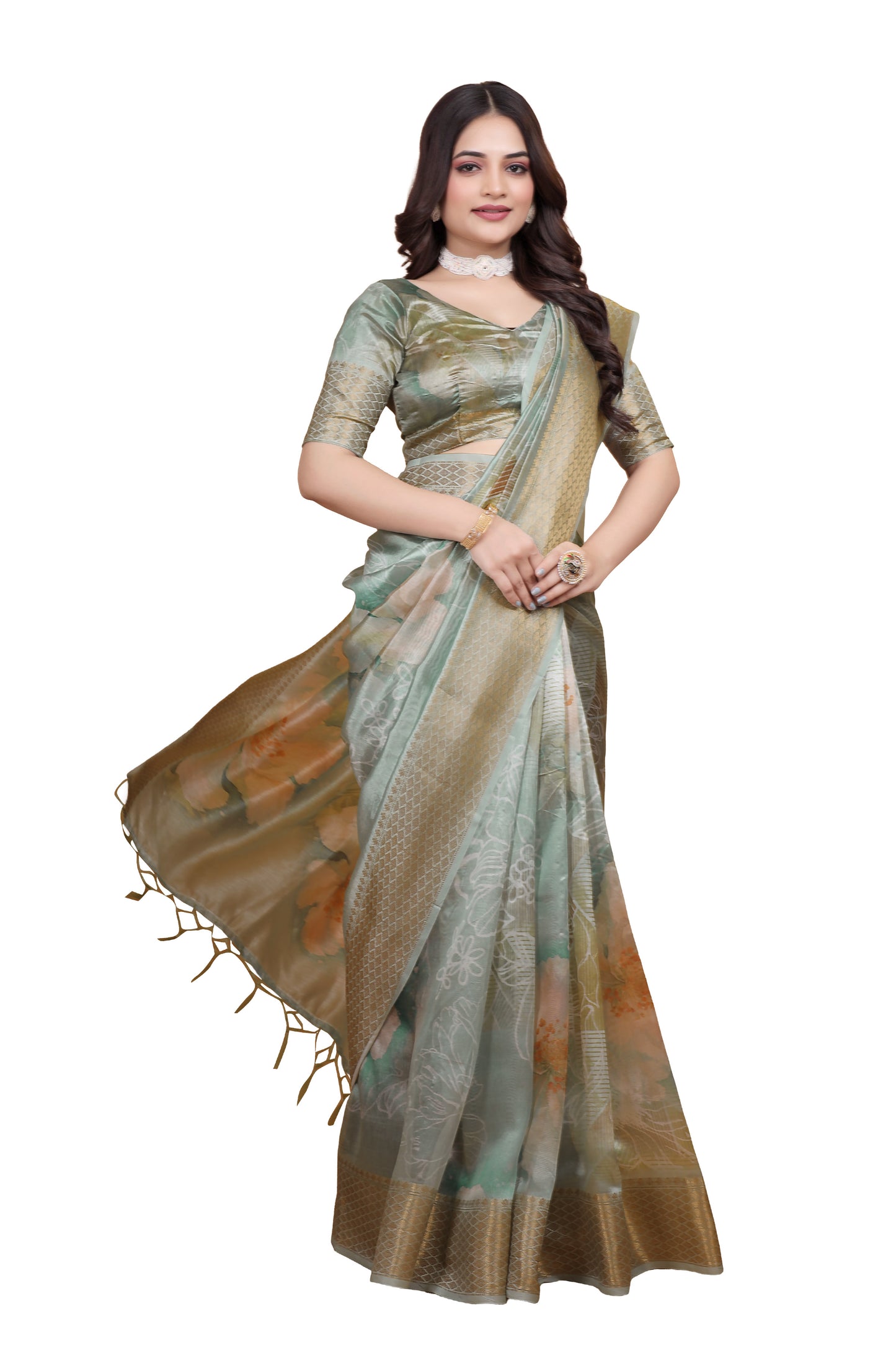 Pastel Green Soft Silk Saree with Floral Digital Print & Golden Zari Border