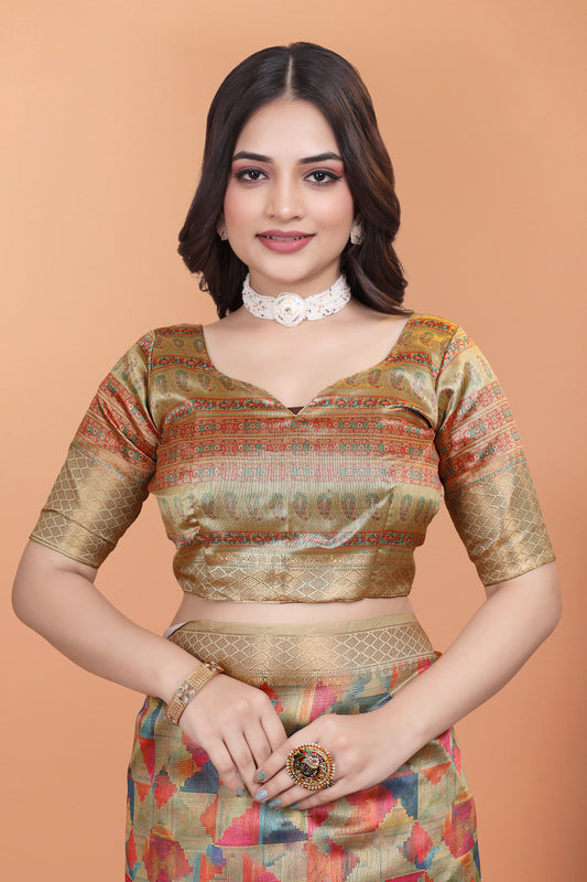 Golden Multicolor Soft Silk Saree with Geometric Weave & Ornate Pallu