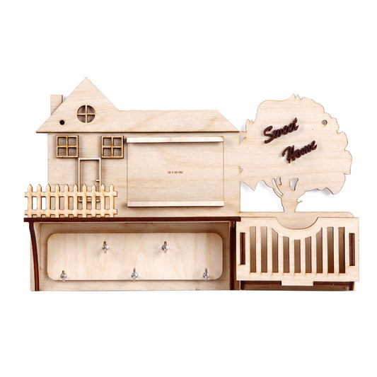 Wooden Wall Key Holder with Photo Frame & Mobile Stand