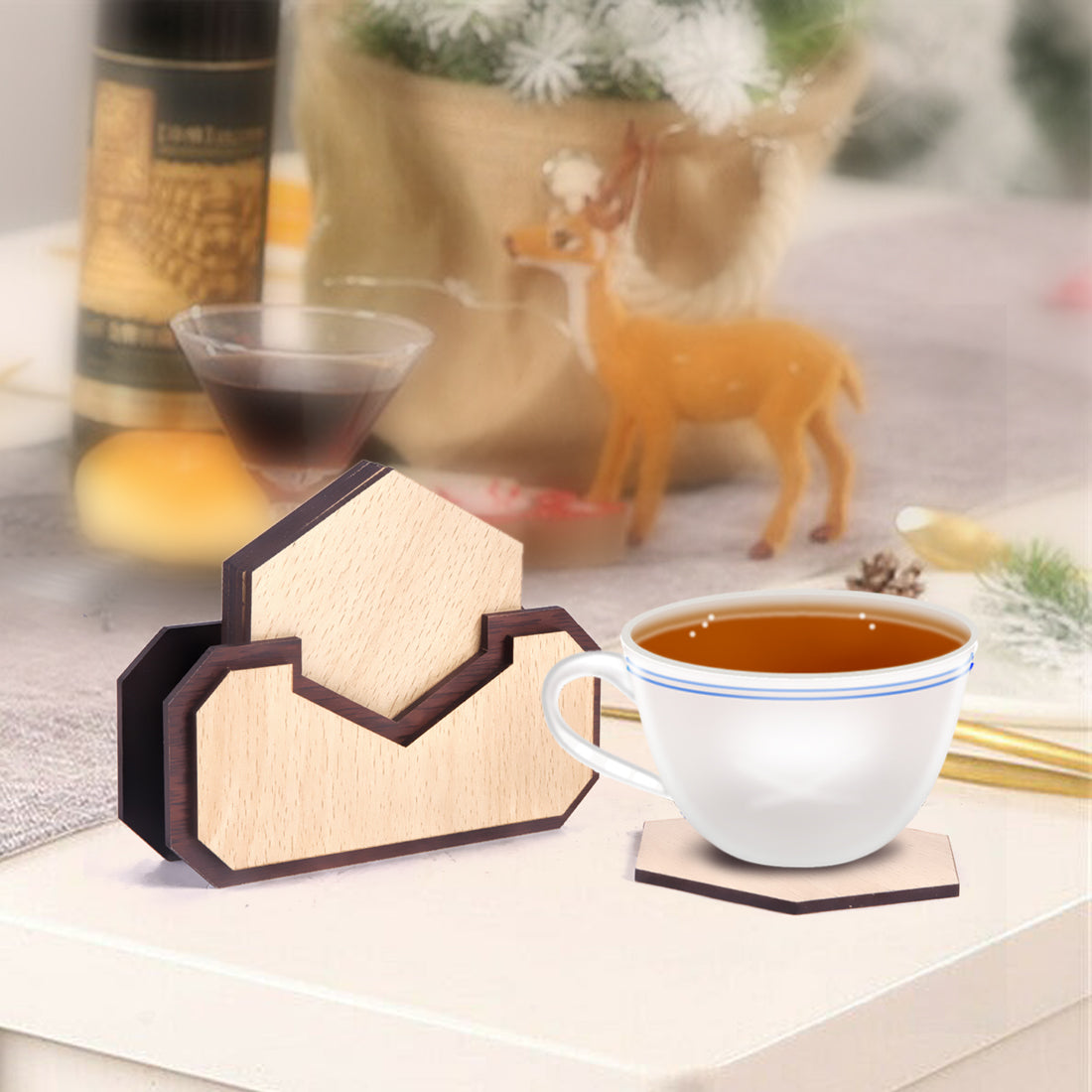 Handmade Wooden Coaster Set with Stand | Rustic Tabletop Drink Coasters
