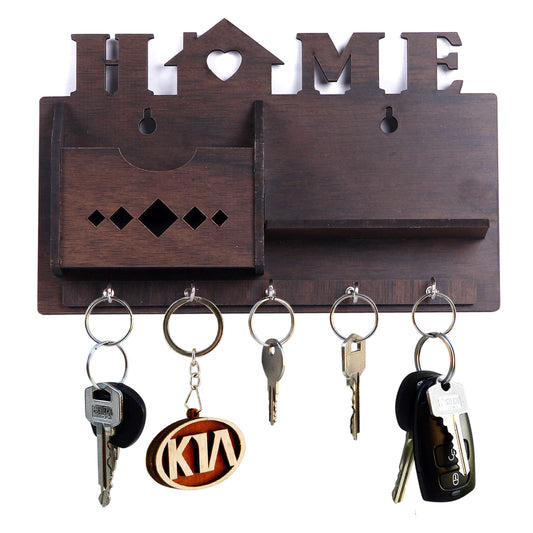 Wooden Wall Key Holder with Mobile Stand – 5 Hook MDF Organizer for Home & Office
