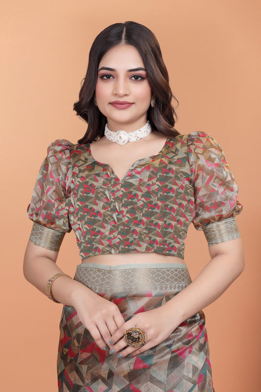 Golden Beige Soft Silk Saree with Geometric Weave & Pink Ornamental Pallu