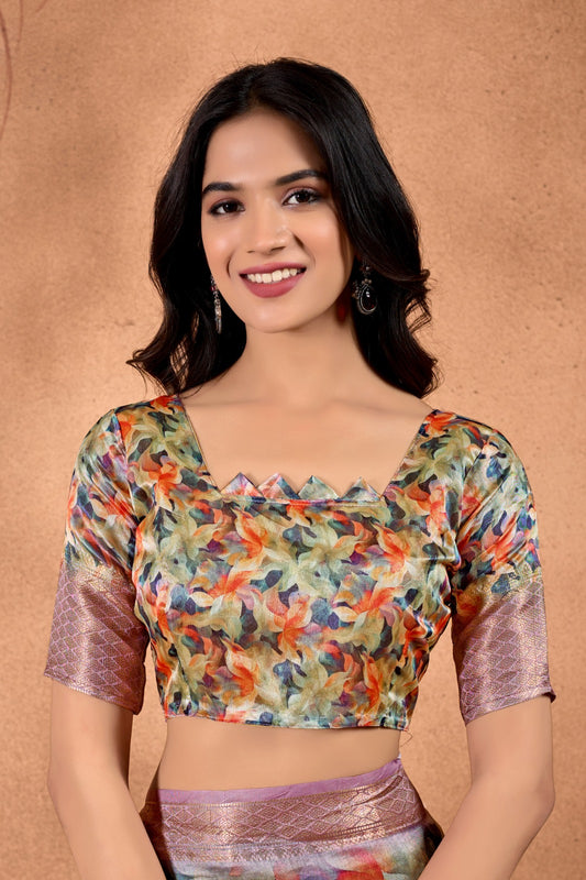 Multicolor Soft Silk Saree with Ethnic Motif Pallu & Zari Border