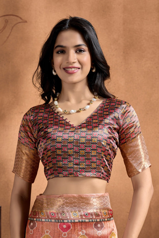 Copper-Rose Soft Silk Saree with Geometric Patola-Inspired Pallu & Zari Border