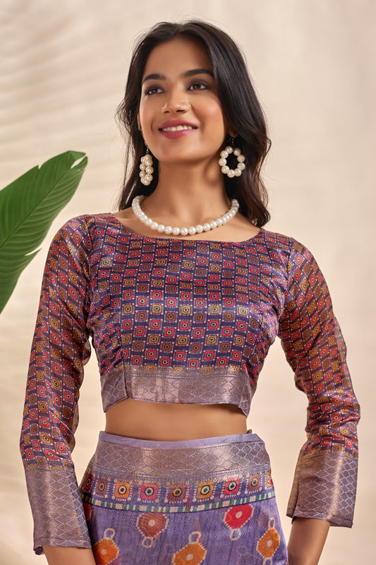 Patola-Inspired Purple Soft Silk Saree with Geometric & Floral Motifs