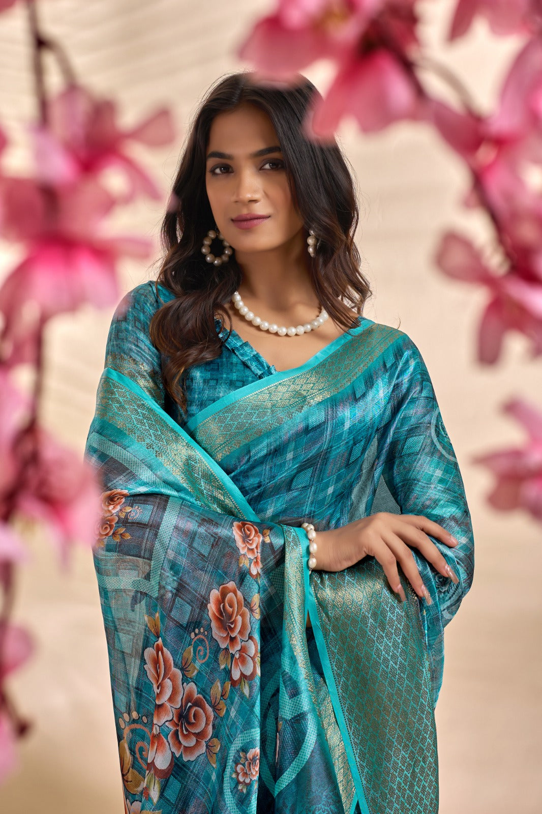 Teal Blue Soft Silk Saree with Floral Digital Pallu & Zari Border