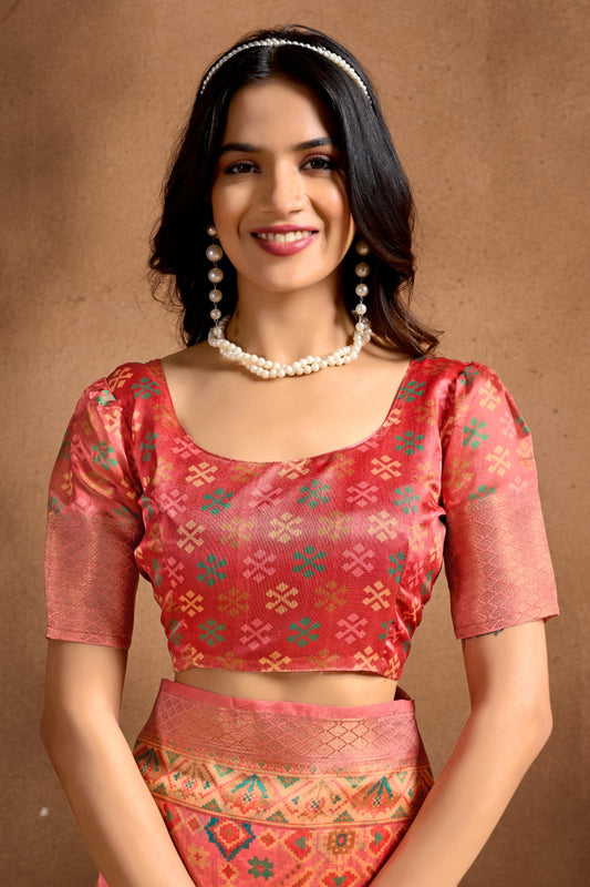 Peach Soft Silk Blend Saree with Traditional Patola-Style Design