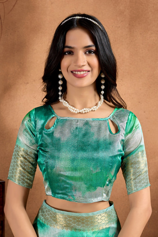 Elegant Green Soft Silk Blend Watercolor Print Saree