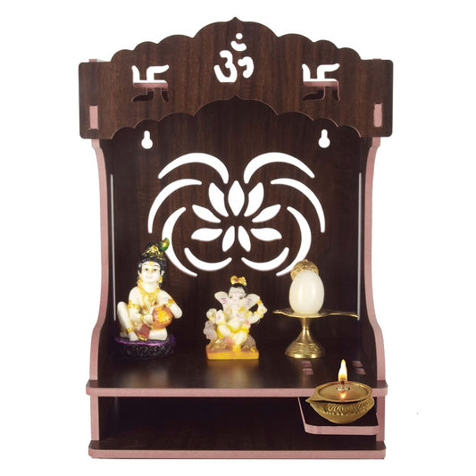 Wooden Wall-Mounted Pooja Mandir with Svastik Symbol – Spacious & Elegant Home Temple for Idols & Pooja Essentials