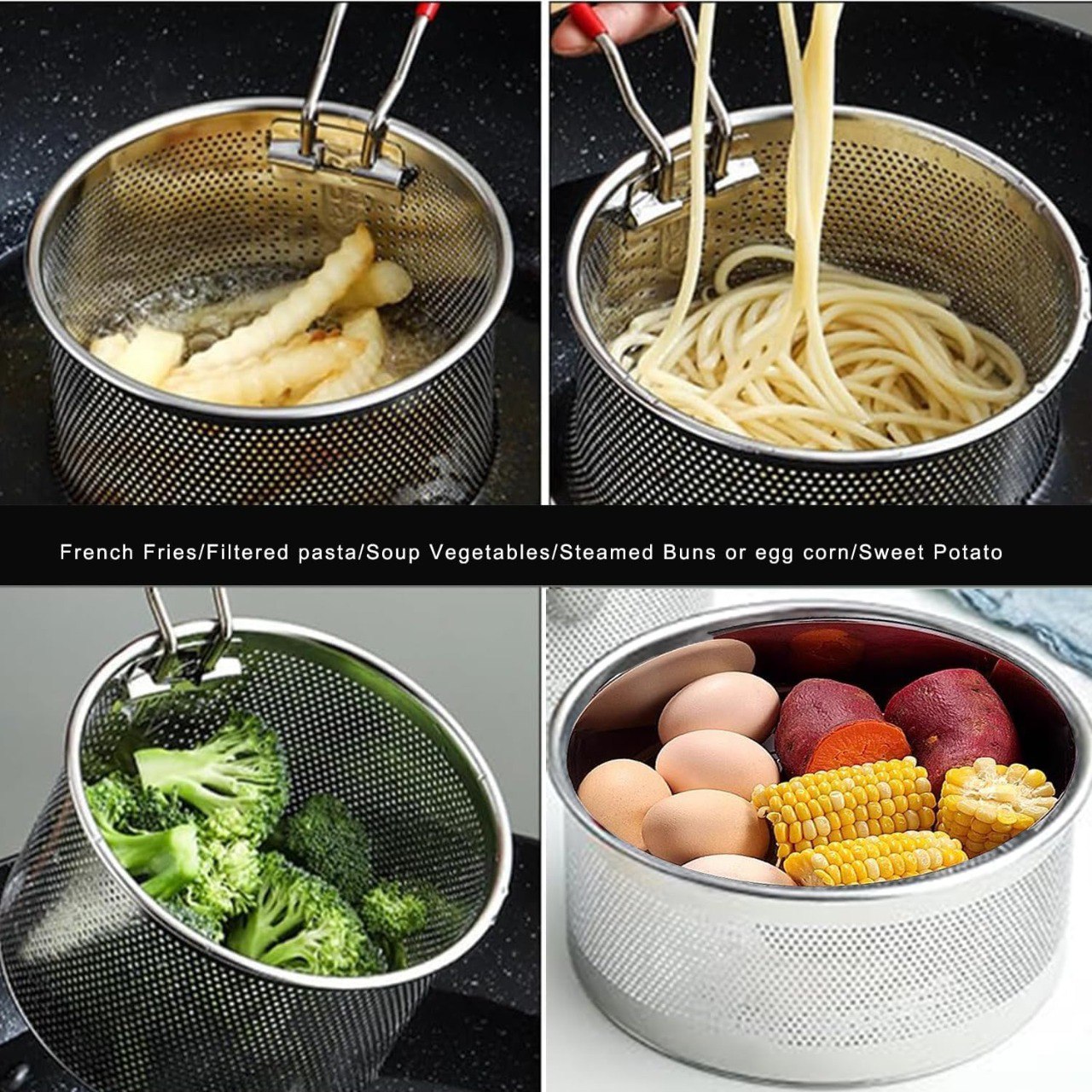 Stainless Steel Pasta Strainer Insert Boil Basket with Removable Handle