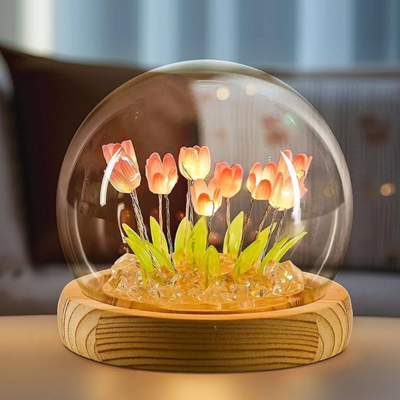 Elegant Wooden Base Tulip LED Flower Lamp