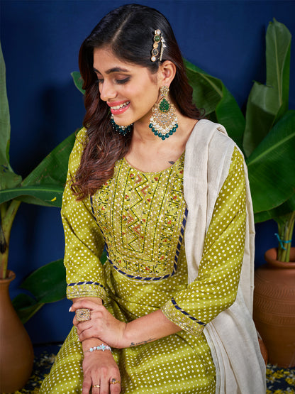 Rayon Print with Embroidery & Sequence Work Fully Stiched Kurti-Pant-Dupatta Set