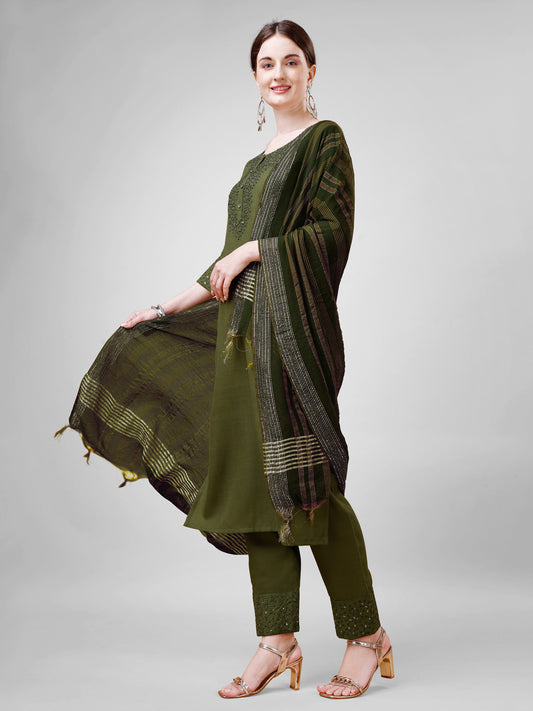 3 COLOR Cotton Blend with Embroidery & Sequence Work Fully Stiched Cotton Blend Kurti Pant Dupatta (Mehendi, Morpinchh, Wine)