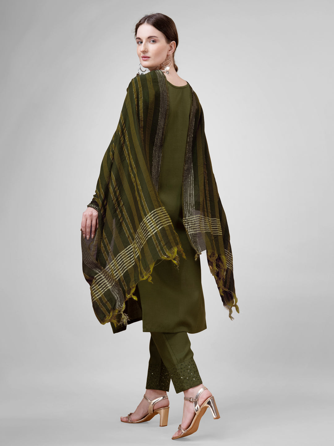 3 COLOR Cotton Blend with Embroidery & Sequence Work Fully Stiched Cotton Blend Kurti Pant Dupatta (Mehendi, Morpinchh, Wine)