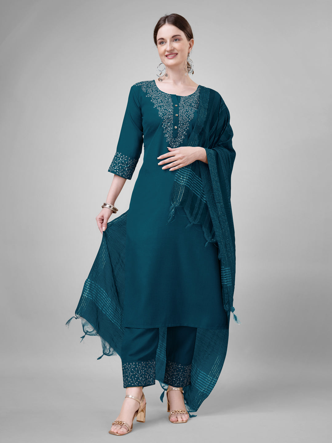 3 COLOR Cotton Blend with Embroidery & Sequence Work Fully Stiched Cotton Blend Kurti Pant Dupatta (Mehendi, Morpinchh, Wine)