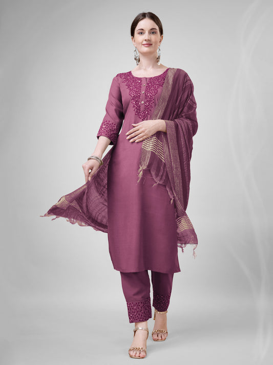 3 COLOR Cotton Blend with Embroidery & Sequence Work Fully Stiched Cotton Blend Kurti Pant Dupatta (Mehendi, Morpinchh, Wine)
