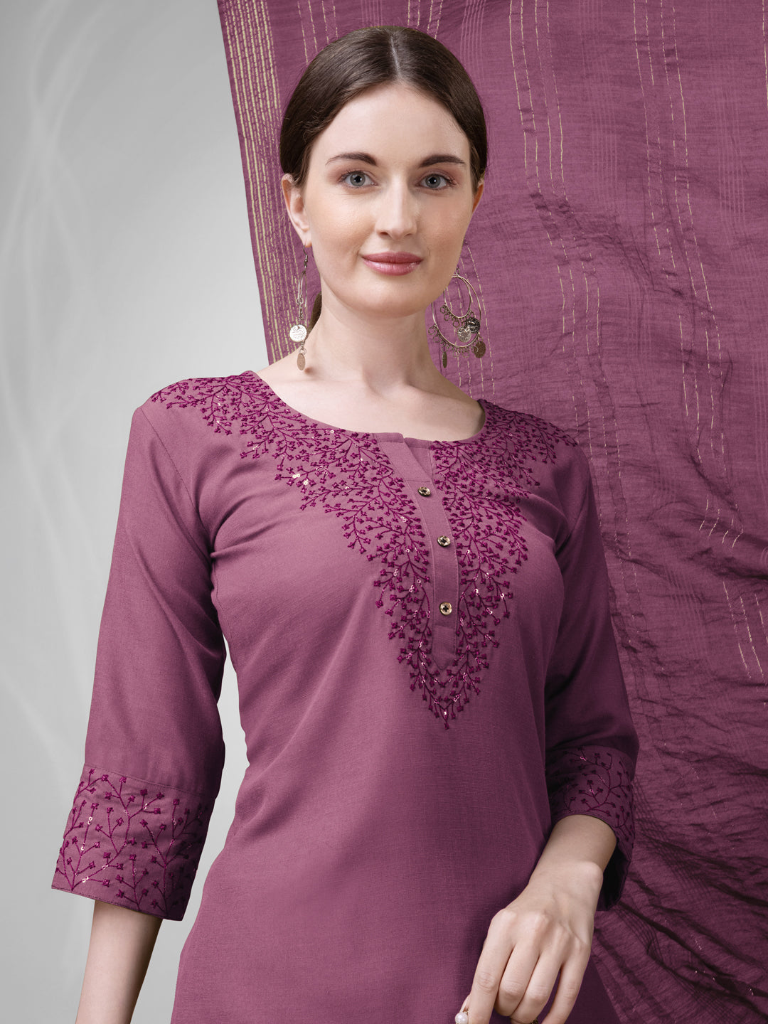3 COLOR Cotton Blend with Embroidery & Sequence Work Fully Stiched Cotton Blend Kurti Pant Dupatta (Mehendi, Morpinchh, Wine)