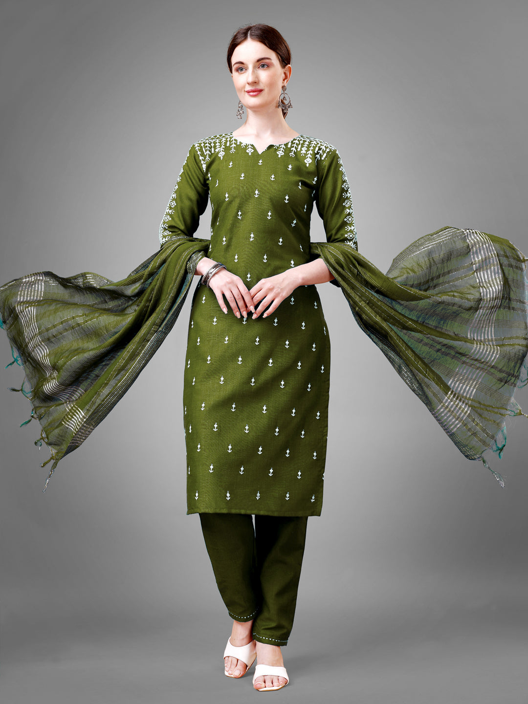 3 COLOR Cotton Blend with Embroidery & Sequence Work Fully Stiched Cotton Blend Kurti Pant Dupatta (Mehendi, Morpich, Yellow)