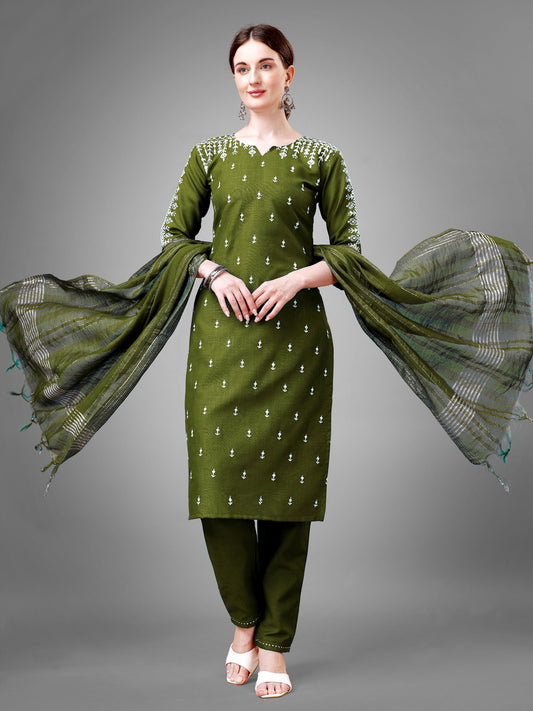 3 COLOR Cotton Blend with Embroidery & Sequence Work Fully Stiched Cotton Blend Kurti Pant Dupatta (Mehendi, Morpich, Yellow)