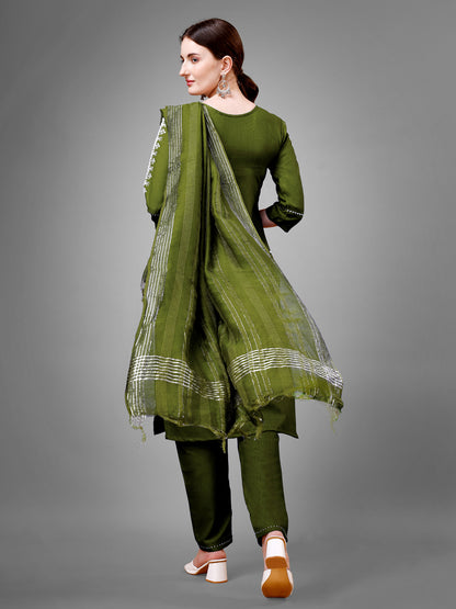3 COLOR Cotton Blend with Embroidery & Sequence Work Fully Stiched Cotton Blend Kurti Pant Dupatta (Mehendi, Morpich, Yellow)