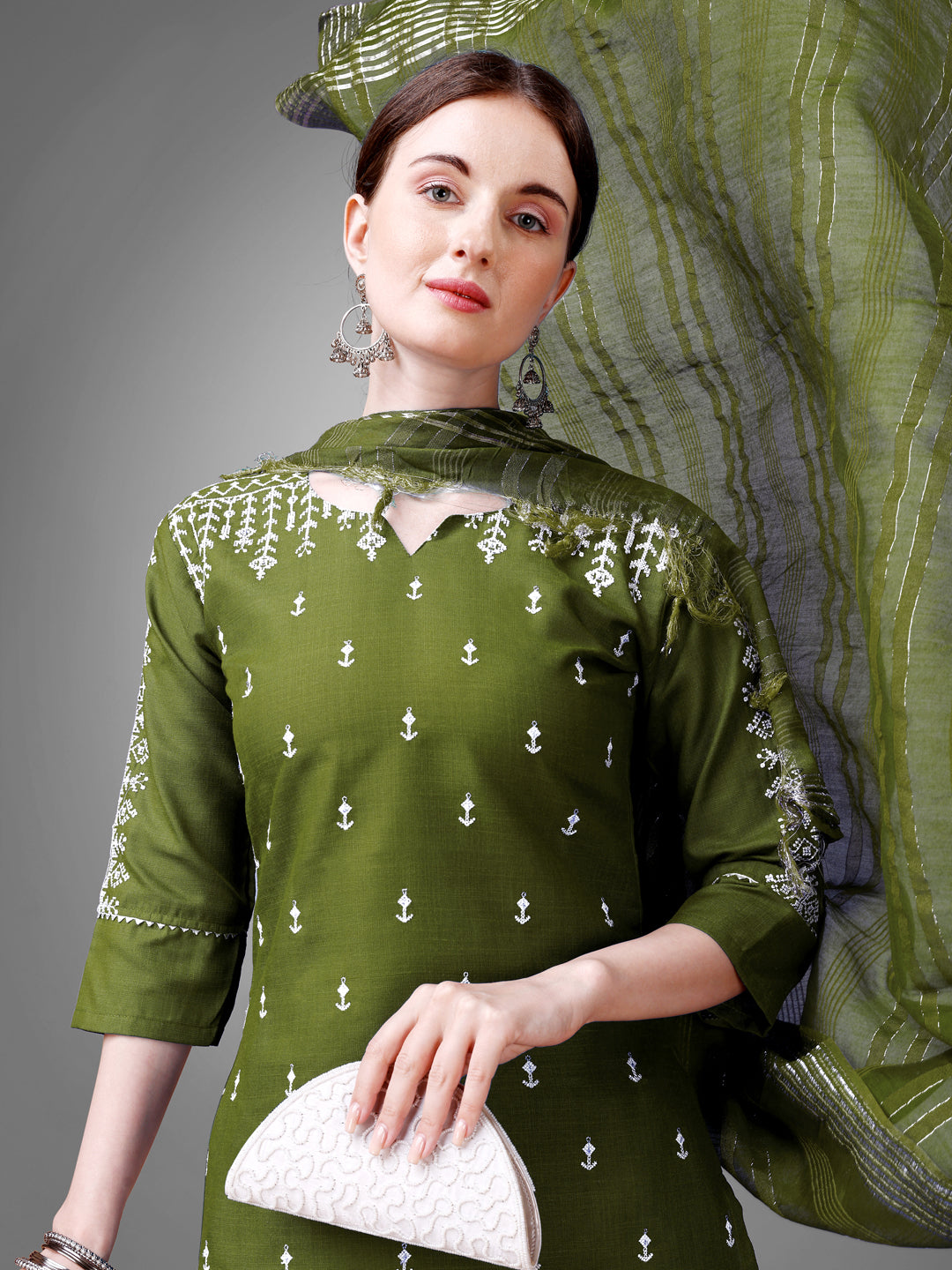 3 COLOR Cotton Blend with Embroidery & Sequence Work Fully Stiched Cotton Blend Kurti Pant Dupatta (Mehendi, Morpich, Yellow)