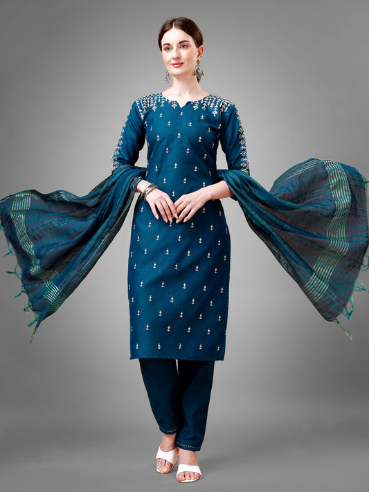 3 COLOR Cotton Blend with Embroidery & Sequence Work Fully Stiched Cotton Blend Kurti Pant Dupatta (Mehendi, Morpich, Yellow)