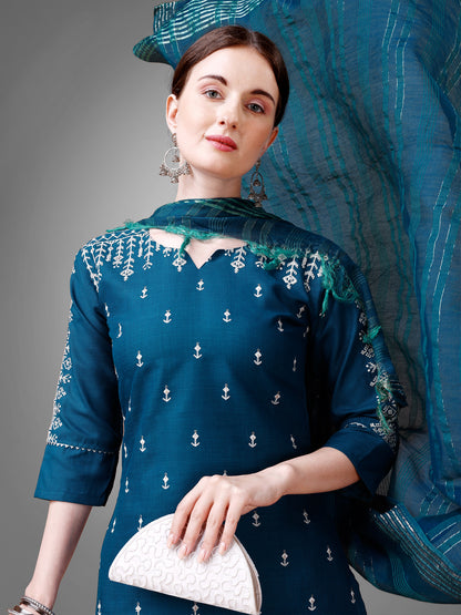 3 COLOR Cotton Blend with Embroidery & Sequence Work Fully Stiched Cotton Blend Kurti Pant Dupatta (Mehendi, Morpich, Yellow)