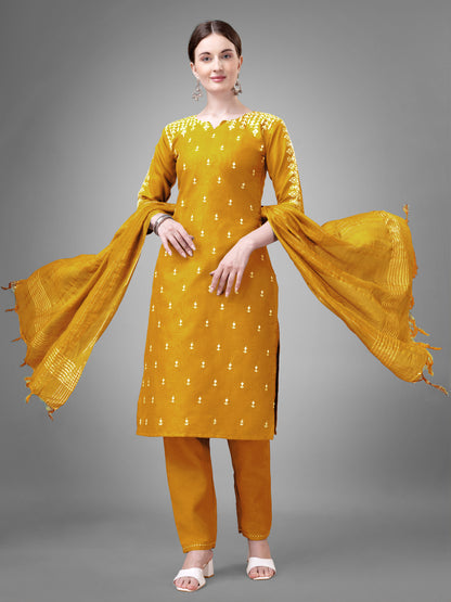 3 COLOR Cotton Blend with Embroidery & Sequence Work Fully Stiched Cotton Blend Kurti Pant Dupatta (Mehendi, Morpich, Yellow)