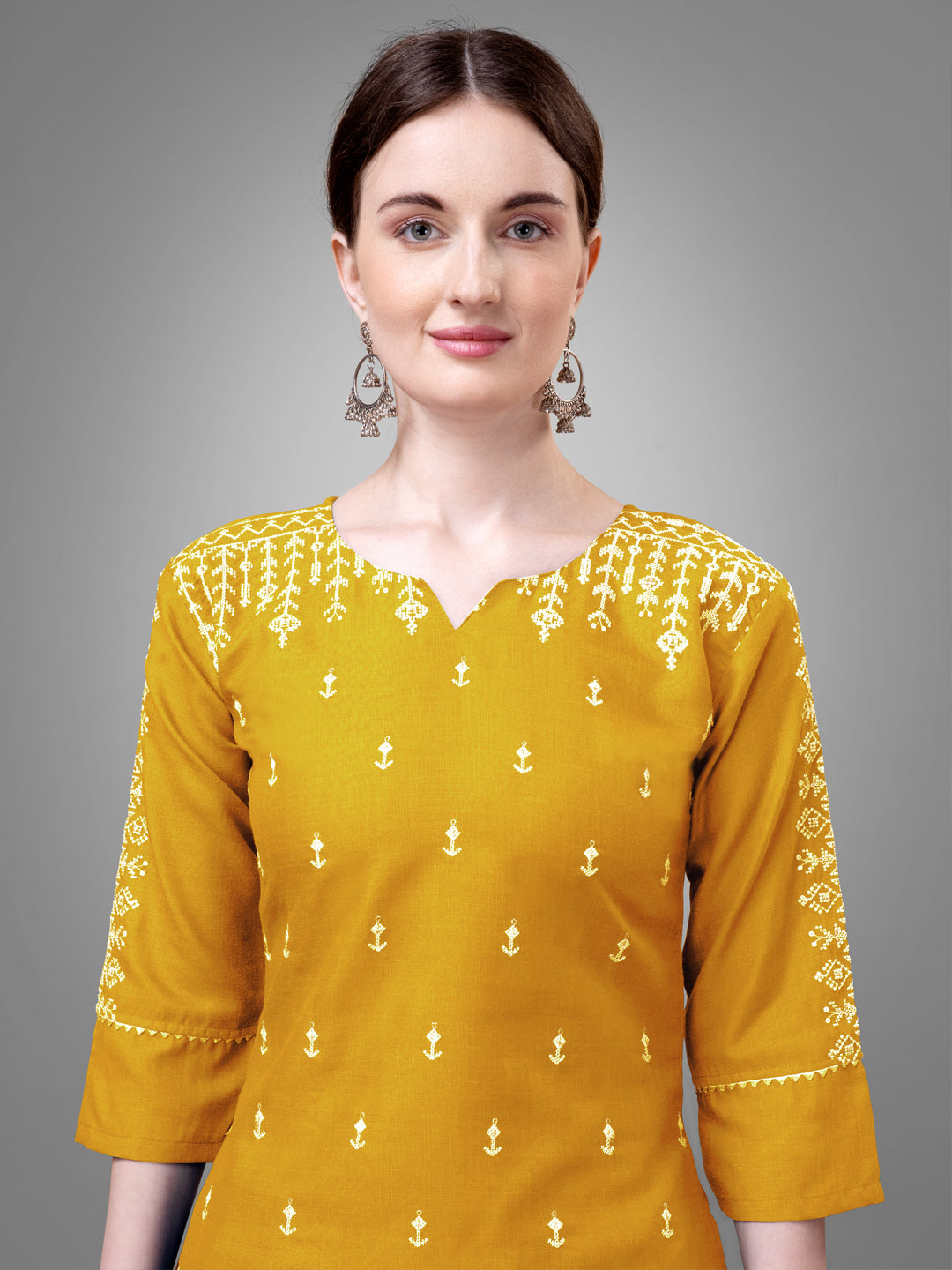 3 COLOR Cotton Blend with Embroidery & Sequence Work Fully Stiched Cotton Blend Kurti Pant Dupatta (Mehendi, Morpich, Yellow)