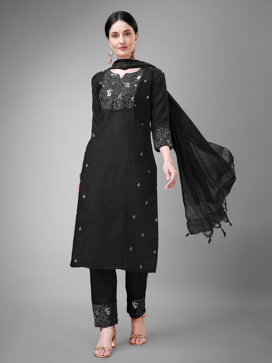 3 COLOR Cotton Blend with Embroidery & Fancy Lace Work Fully Stiched Cotton Blend Kurti Pant Dupatta (Black, Maroon, Rama)