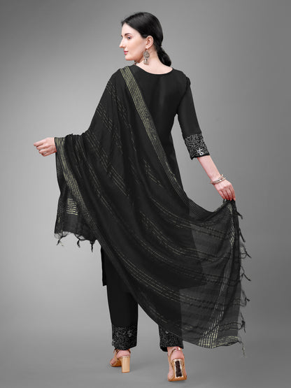 3 COLOR Cotton Blend with Embroidery & Fancy Lace Work Fully Stiched Cotton Blend Kurti Pant Dupatta (Black, Maroon, Rama)