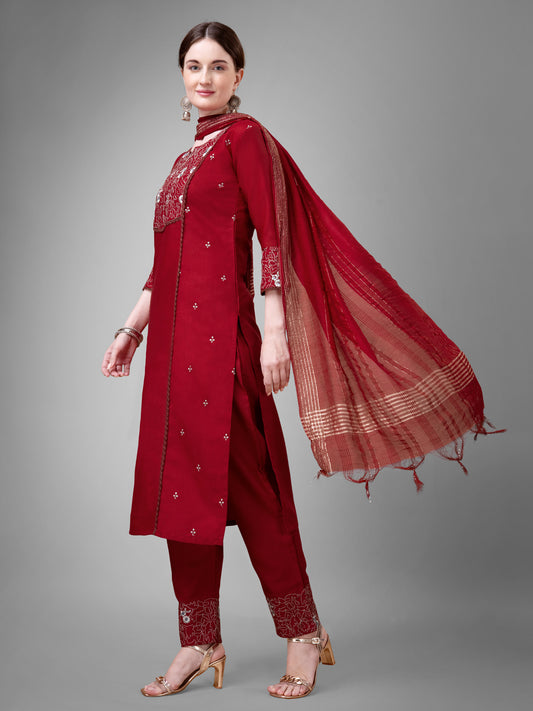 3 COLOR Cotton Blend with Embroidery & Fancy Lace Work Fully Stiched Cotton Blend Kurti Pant Dupatta (Black, Maroon, Rama)