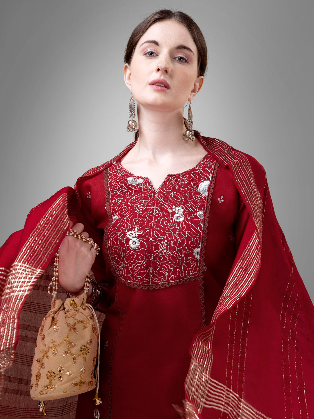 3 COLOR Cotton Blend with Embroidery & Fancy Lace Work Fully Stiched Cotton Blend Kurti Pant Dupatta (Black, Maroon, Rama)