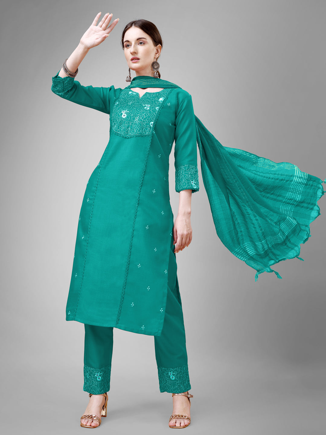 3 COLOR Cotton Blend with Embroidery & Fancy Lace Work Fully Stiched Cotton Blend Kurti Pant Dupatta (Black, Maroon, Rama)
