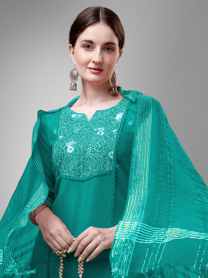 3 COLOR Cotton Blend with Embroidery & Fancy Lace Work Fully Stiched Cotton Blend Kurti Pant Dupatta (Black, Maroon, Rama)