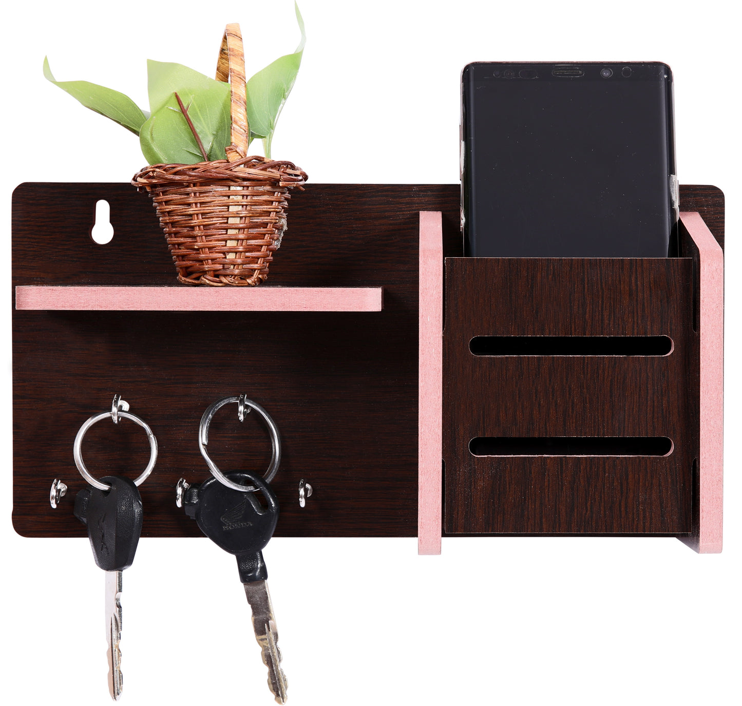 Wooden Wall Key Holder with Mobile Stand – 5 Hook MDF Organizer for Home & Office
