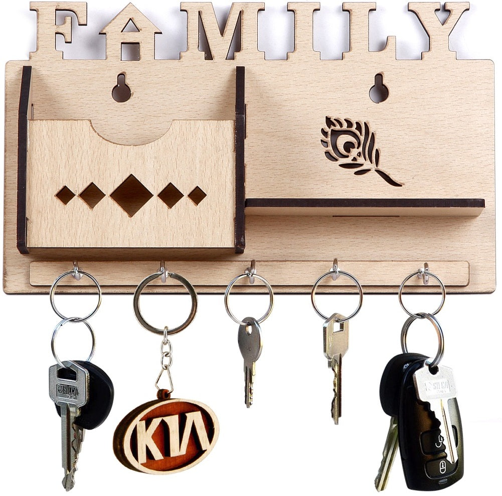 Wooden Wall Key Holder with Mobile Stand – 5 Hook MDF Organizer for Home & Office