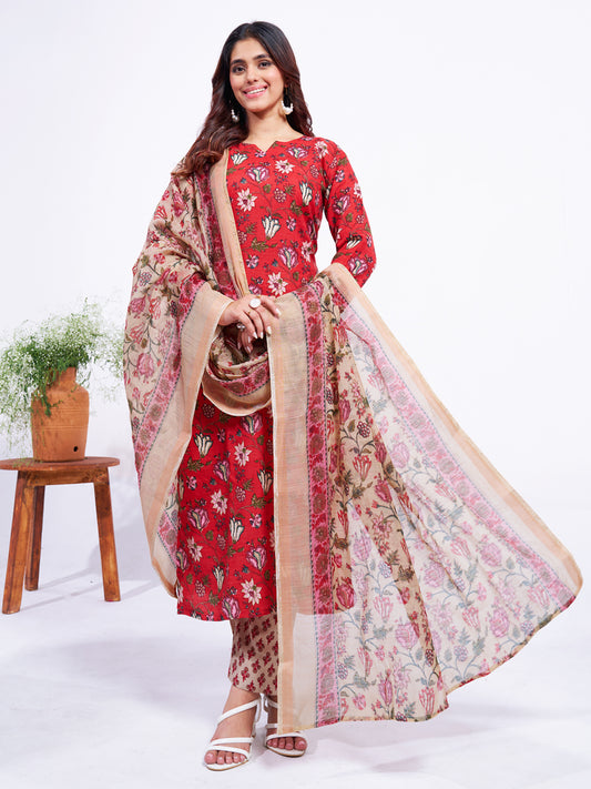 Red Cotton Blend with Embroidery Fully Stiched Cotton Kurti Pant Dupatta